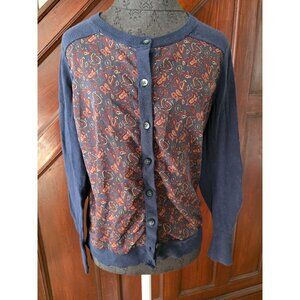 Eddie Bauer Womens Paisley Cardigan Sweater Size L Navy & Multicolor Cotton Blen